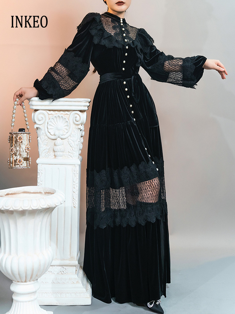 Elderly Women Formal Wear - Vintage Women's Velvet lace patchwork Maxi