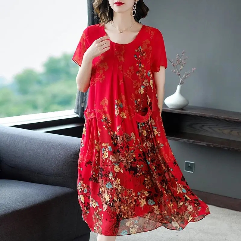 Elderly Women Formal Wear - Mother Clothes Summer Chiffon Dresses O-Neck