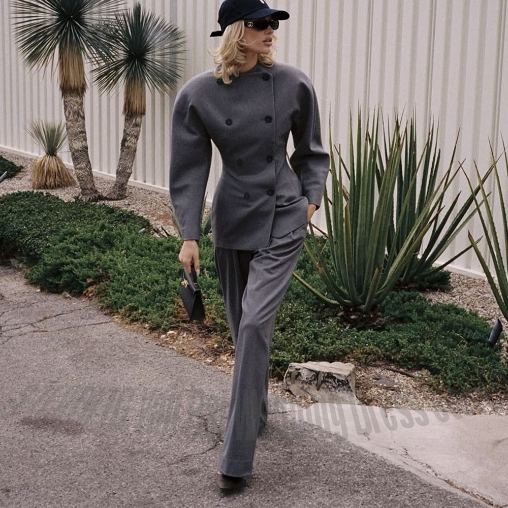 Women Formal Wear Blazers - Classic Grey Women's Suit Set Double