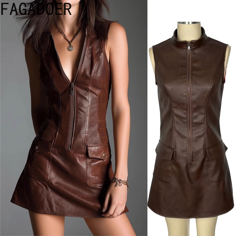 FAGADOER Fashion Leather Zippe - Shift Dress Sleeveless ulasan dan harga