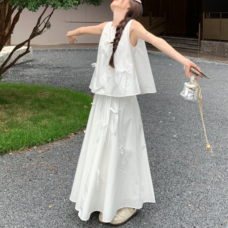 White Dress Sets for Women Bow - Shift Dress Sleeveless ulasan dan harga